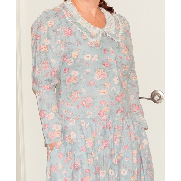Gunne Sax Blue Prairie Floral Dress Cotton Lace Womens Medium Buttondown 1970's - Picture 14 of 14